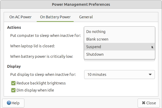 Power management settings - on battery.