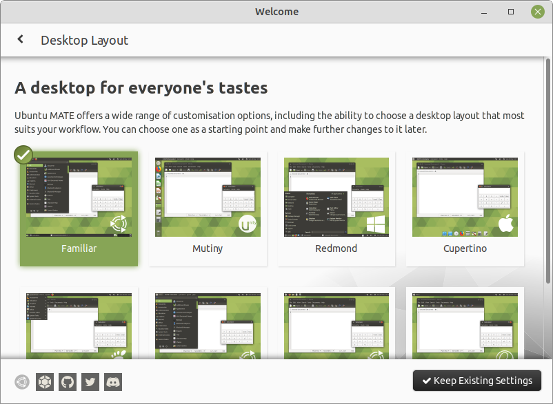 The Welcome application lets you select panel layouts.