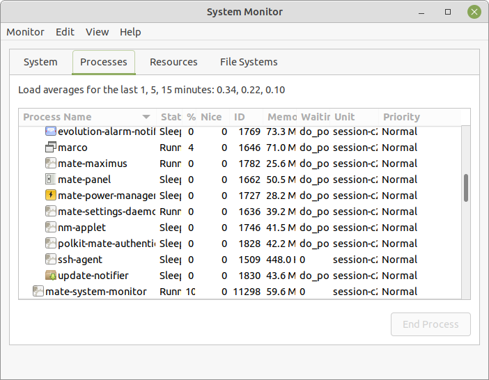 The System Monitor Processes Tab.